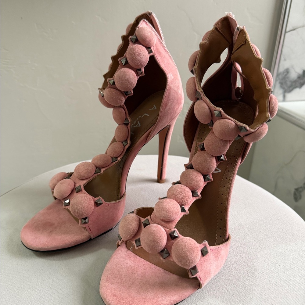 Alaia Pink Suede Beaded Studded High Heel Sandals